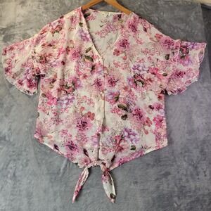 Umgee USA Womens M Pink Floral Tie Front Sheer Blouse Flutter Sleeve Boho